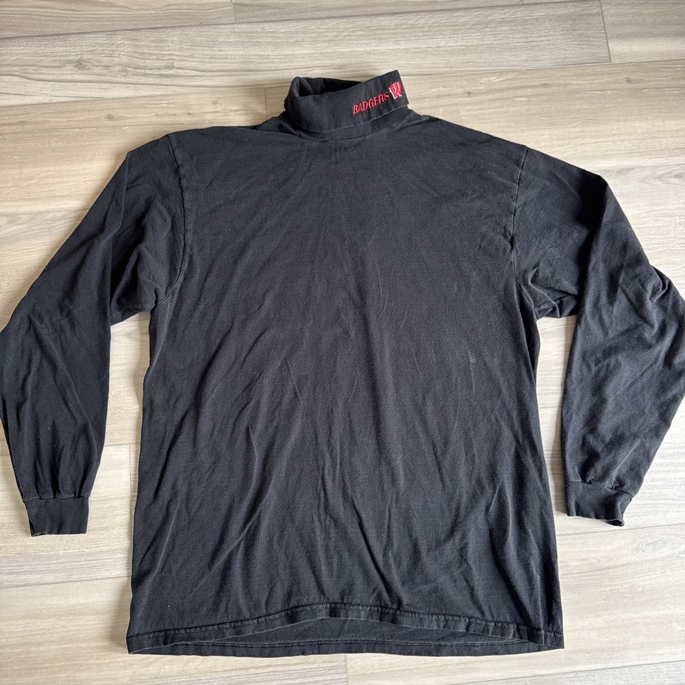 Vintage Artex Wisconsin Badgers‎ Embroidered Collar Black Turtleneck Mens XL